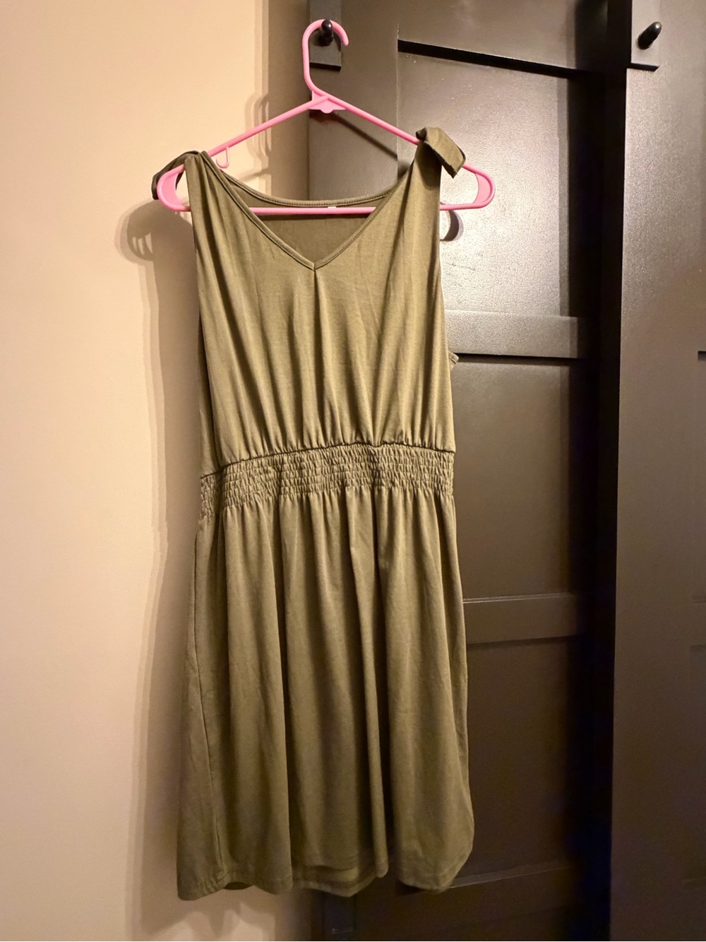 Olive Green Sleeveless V-Neck Smocked Waist Dress